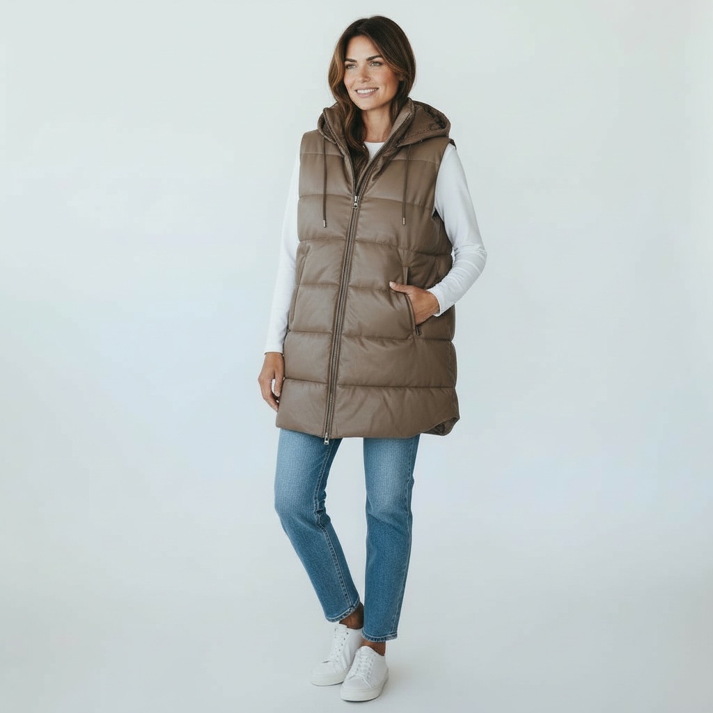 Sebby Collection Women’s Puffer Faux Leather Vest With Hood Brown Size Xl New